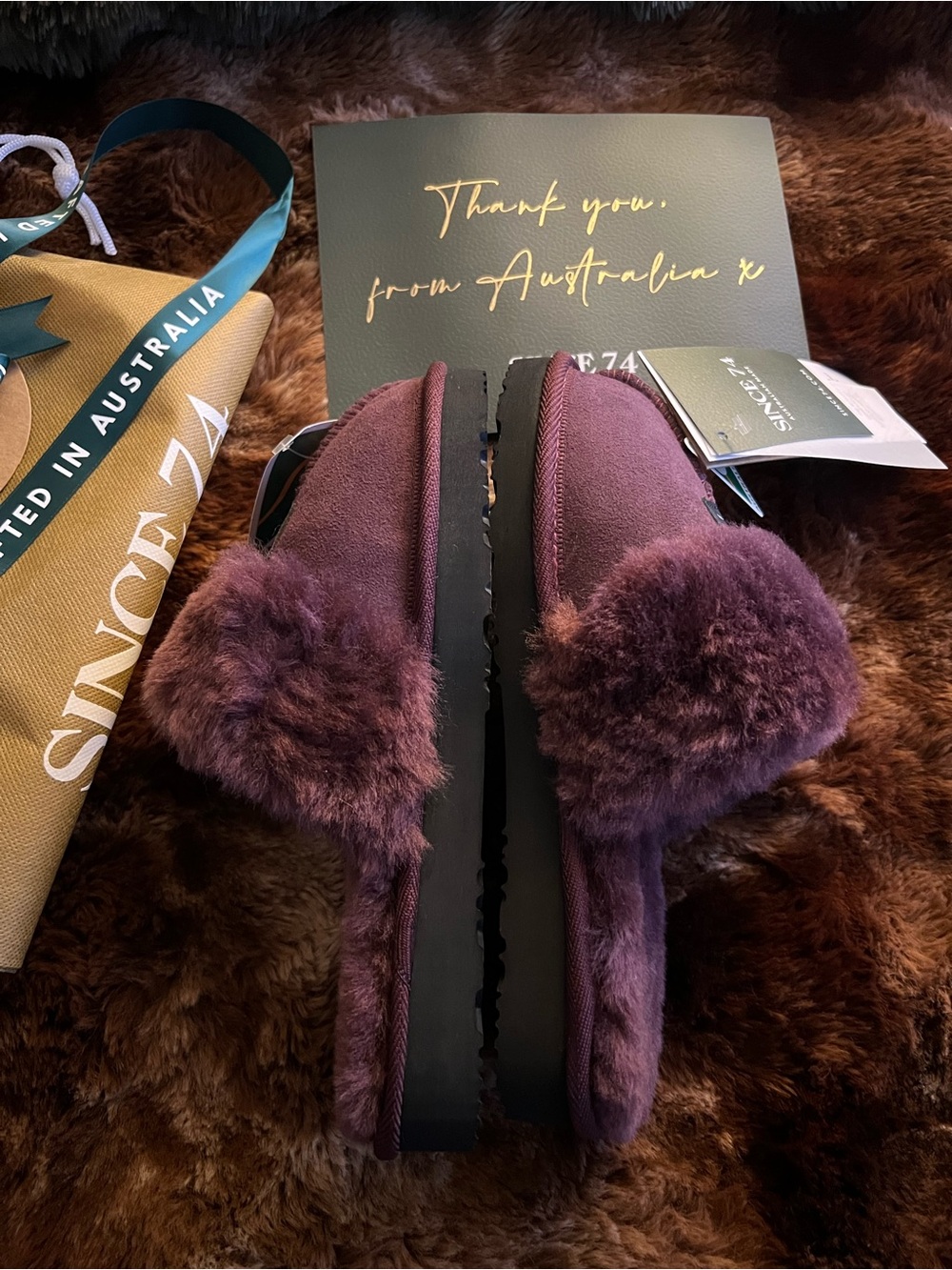 Since 74 Designer Sheepskin Slippers Plum | NWT US W 8 (Read Details)